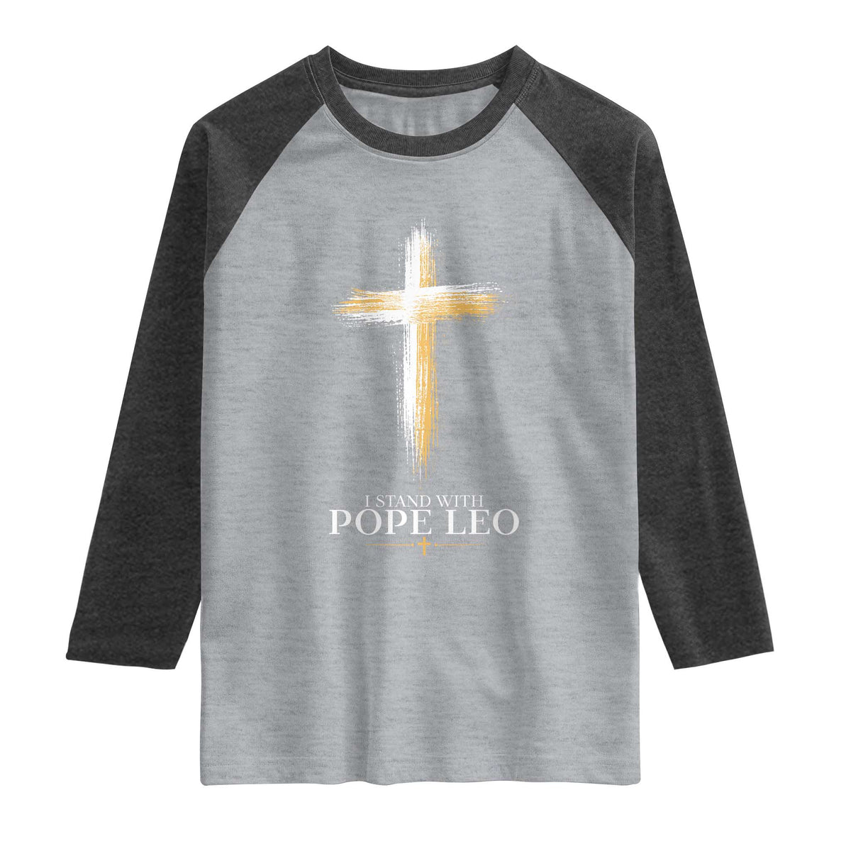 I Stand With Pope Leo Brushstroke Cross Raglan Shirt Religious Christian Witness TS02 Heather Gray Heather Charcoal Print Your Wear