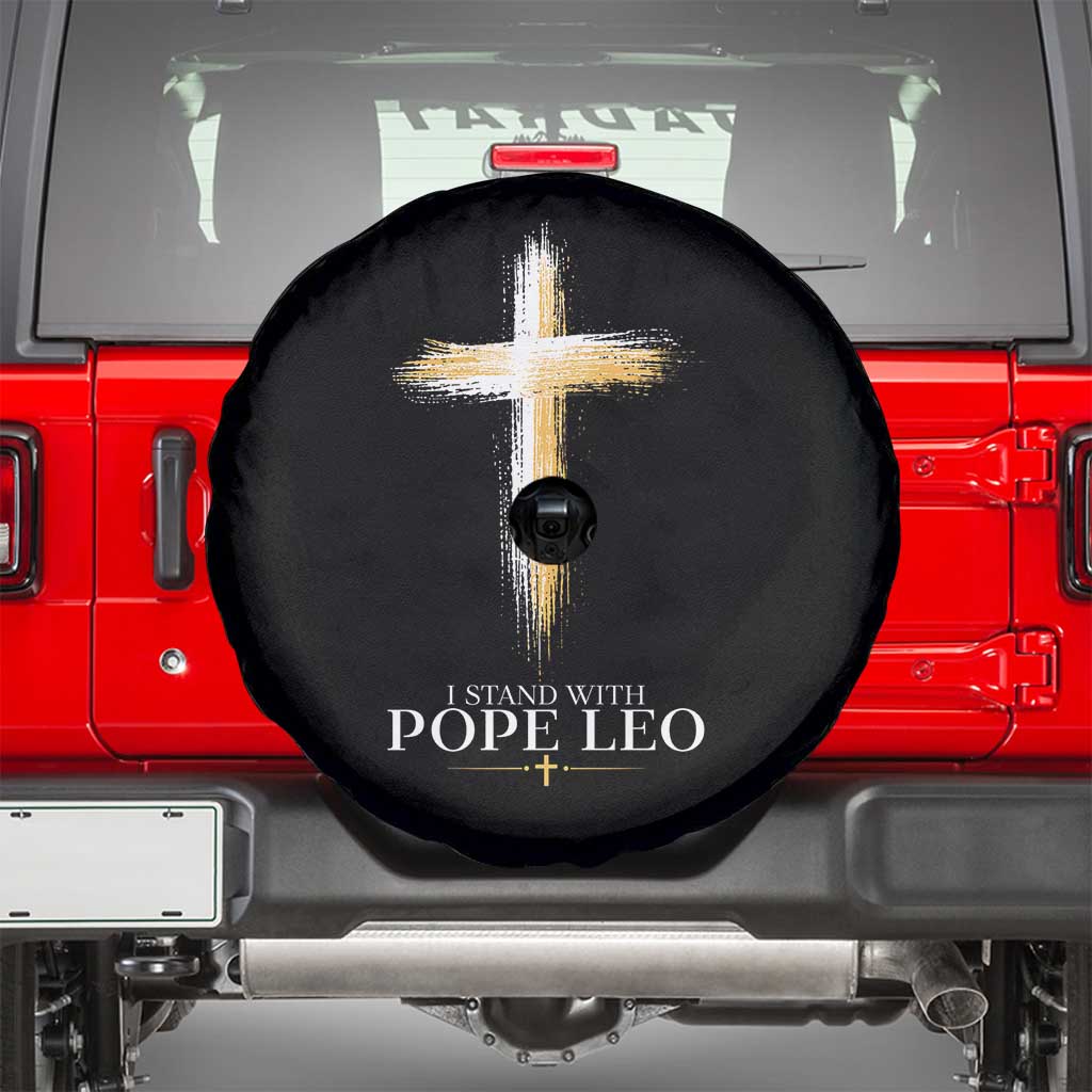 I Stand With Pope Leo Brushstroke Cross Spare Tire Cover Religious Christian Witness TS02 Black Print Your Wear