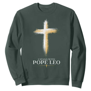 I Stand With Pope Leo Brushstroke Cross Sweatshirt Religious Christian Witness TS02 Dark Forest Green Print Your Wear