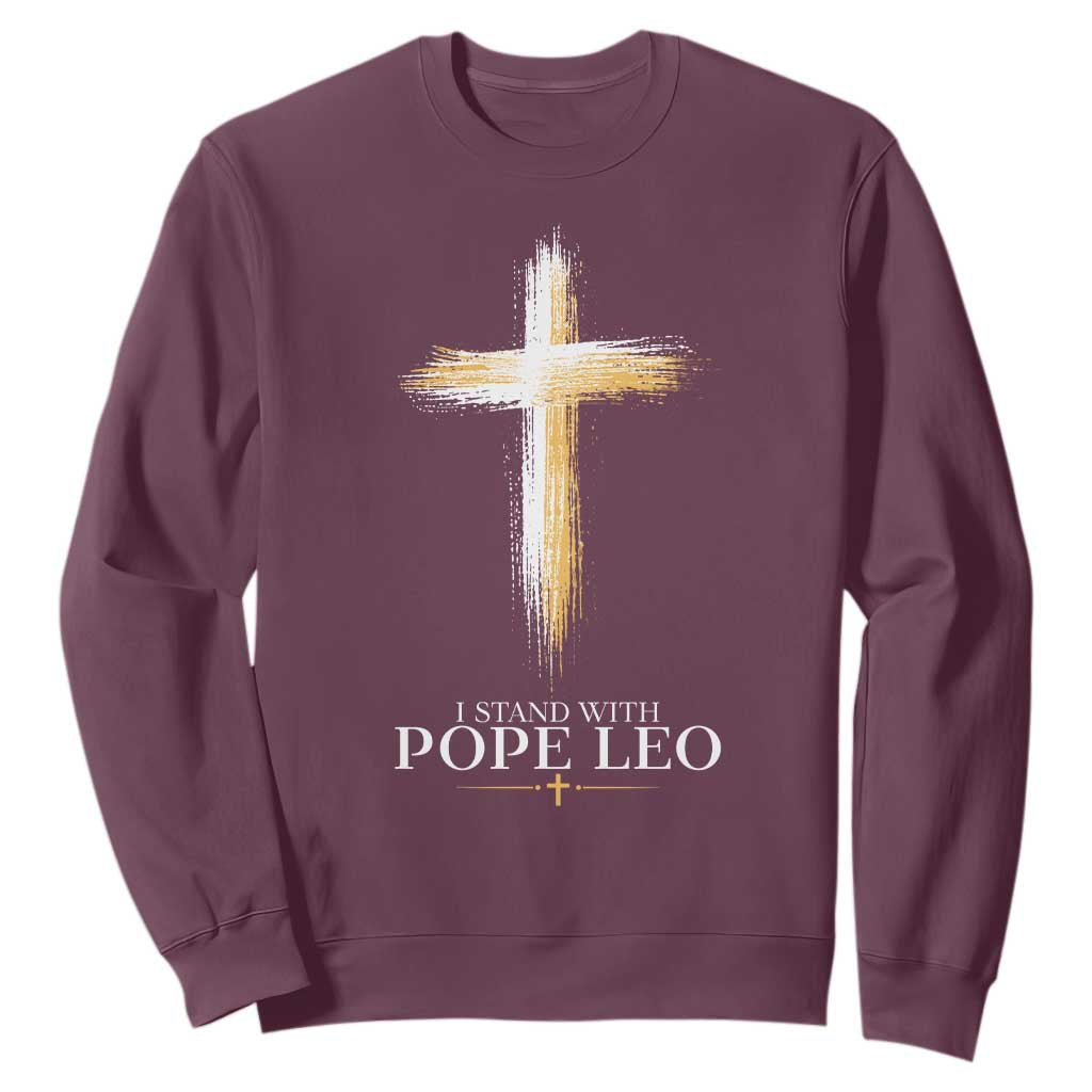 I Stand With Pope Leo Brushstroke Cross Sweatshirt Religious Christian Witness TS02 Maroon Print Your Wear