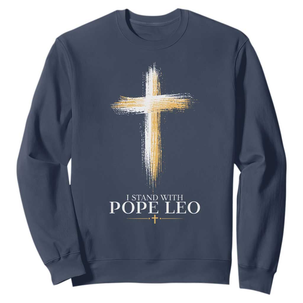 I Stand With Pope Leo Brushstroke Cross Sweatshirt Religious Christian Witness TS02 Navy Print Your Wear