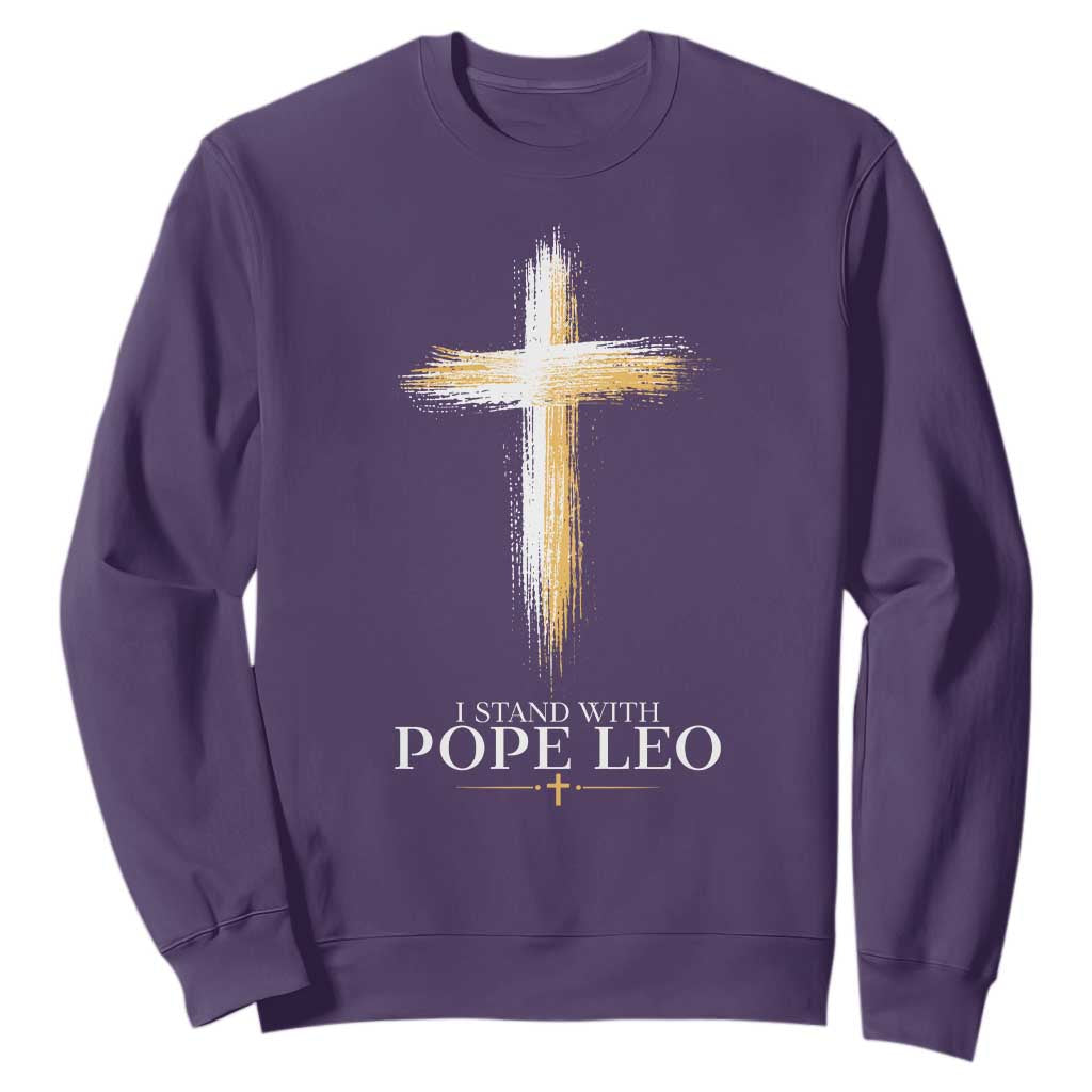 I Stand With Pope Leo Brushstroke Cross Sweatshirt Religious Christian Witness TS02 Purple Print Your Wear