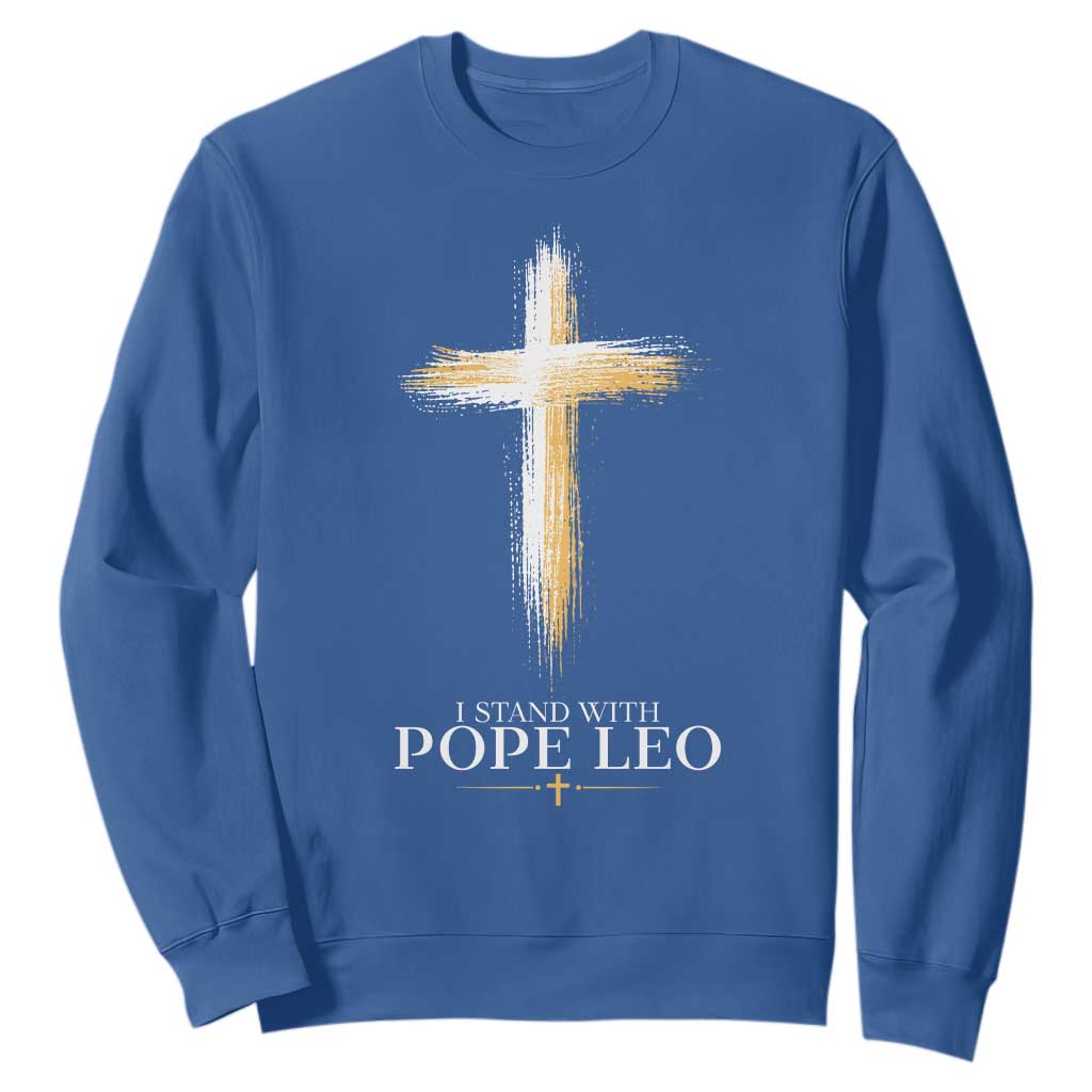 I Stand With Pope Leo Brushstroke Cross Sweatshirt Religious Christian Witness TS02 Royal Blue Print Your Wear