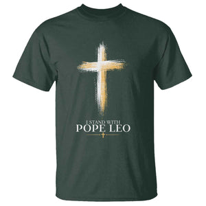 I Stand With Pope Leo Brushstroke Cross T Shirt Religious Christian Witness TS02 Dark Forest Green Print Your Wear