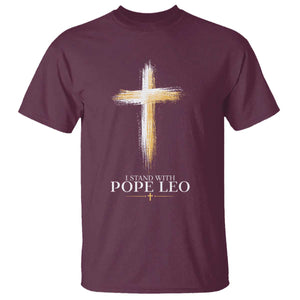 I Stand With Pope Leo Brushstroke Cross T Shirt Religious Christian Witness TS02 Maroon Print Your Wear