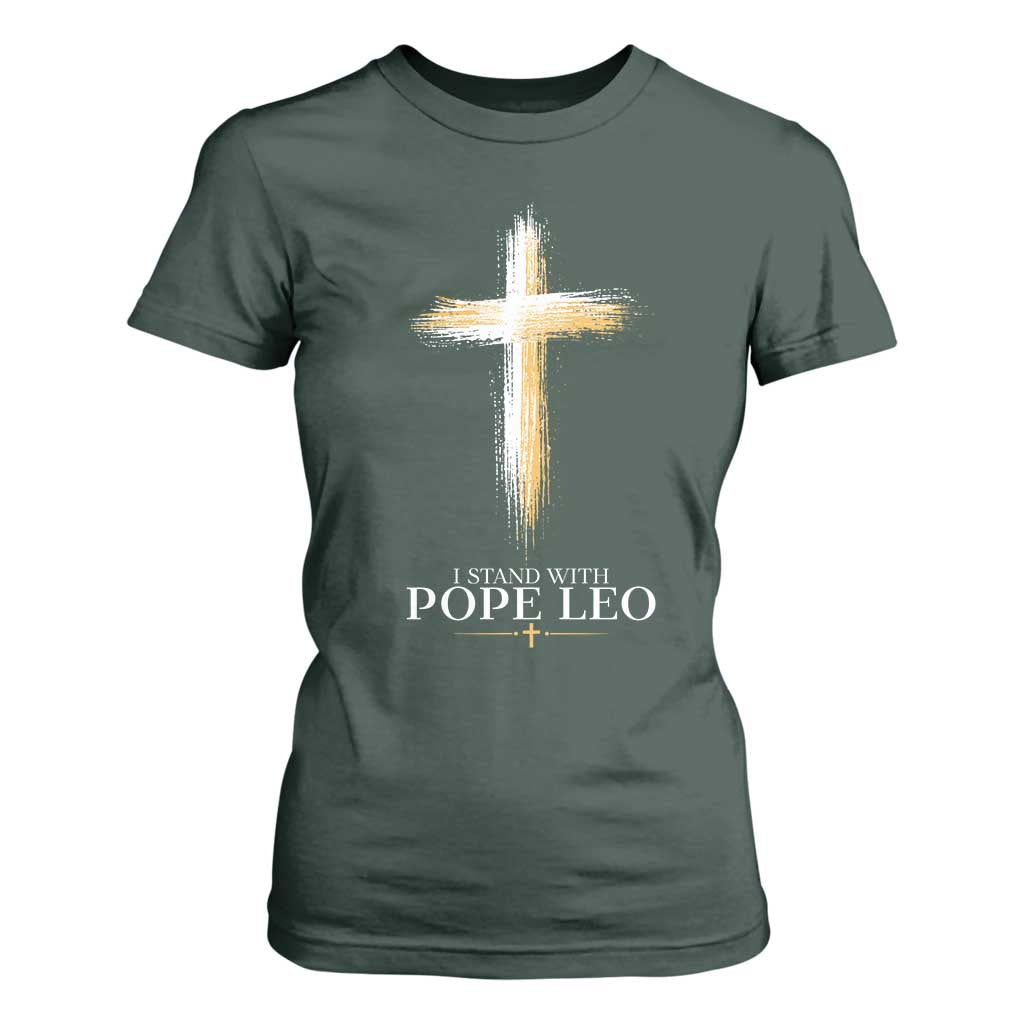I Stand With Pope Leo Brushstroke Cross T Shirt For Women Religious Christian Witness TS02 Dark Forest Green Print Your Wear
