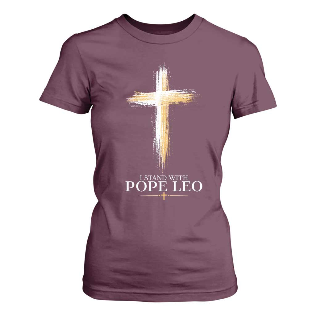 I Stand With Pope Leo Brushstroke Cross T Shirt For Women Religious Christian Witness TS02 Maroon Print Your Wear