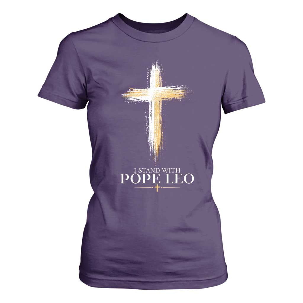 I Stand With Pope Leo Brushstroke Cross T Shirt For Women Religious Christian Witness TS02 Purple Print Your Wear
