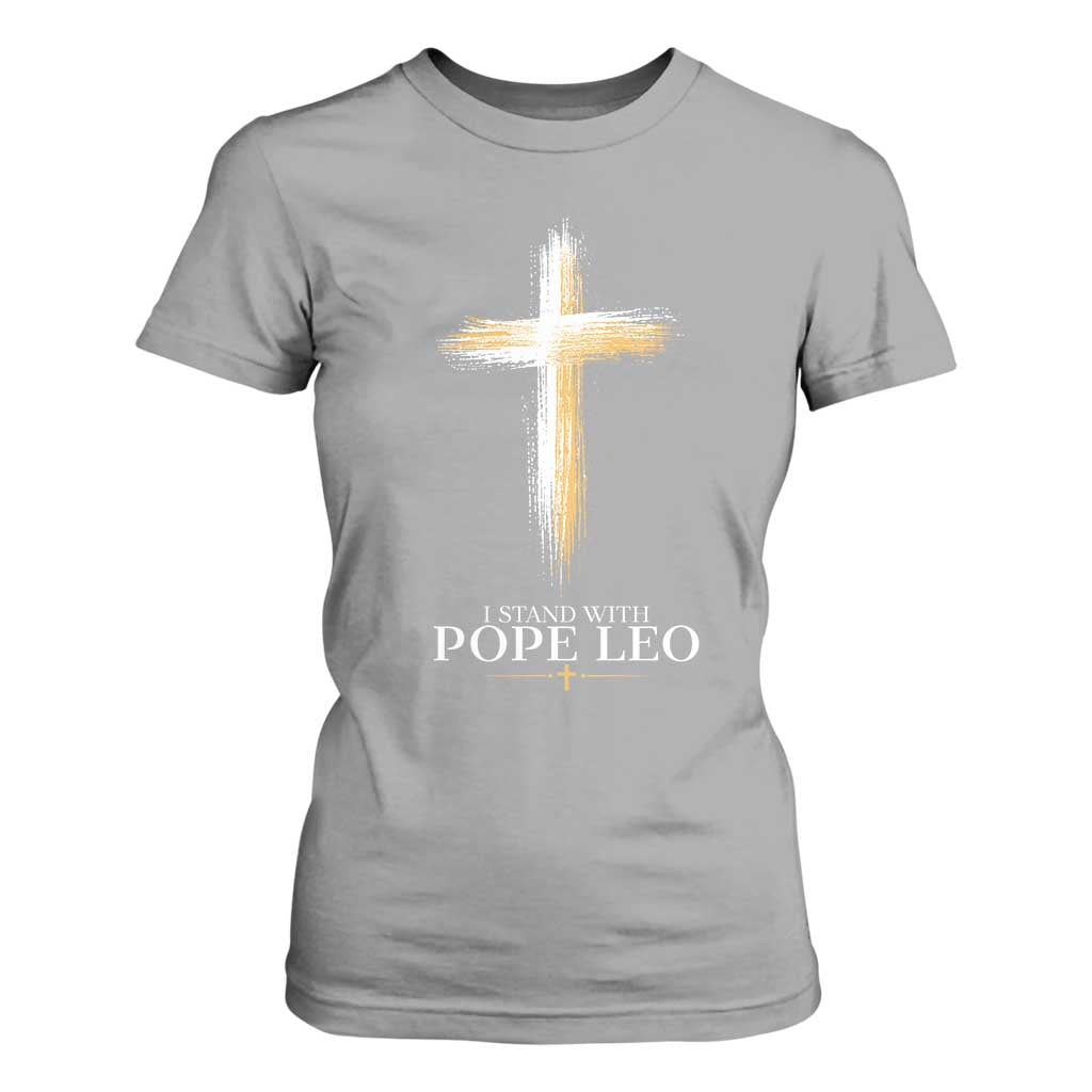 I Stand With Pope Leo Brushstroke Cross T Shirt For Women Religious Christian Witness TS02 Sport Gray Print Your Wear
