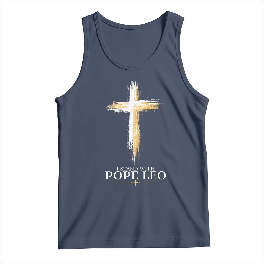 I Stand With Pope Leo Brushstroke Cross Tank Top Religious Christian Witness TS02 Navy Print Your Wear