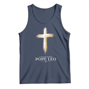 I Stand With Pope Leo Brushstroke Cross Tank Top Religious Christian Witness TS02 Navy Print Your Wear