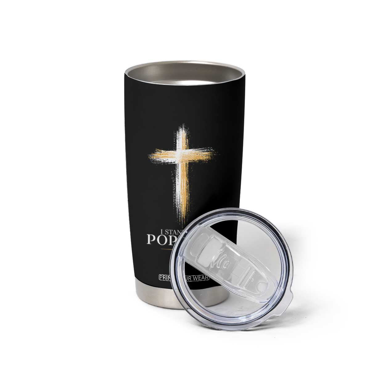 I Stand With Pope Leo Brushstroke Cross Tumbler Cup Religious Christian Witness TS02 Print Your Wear