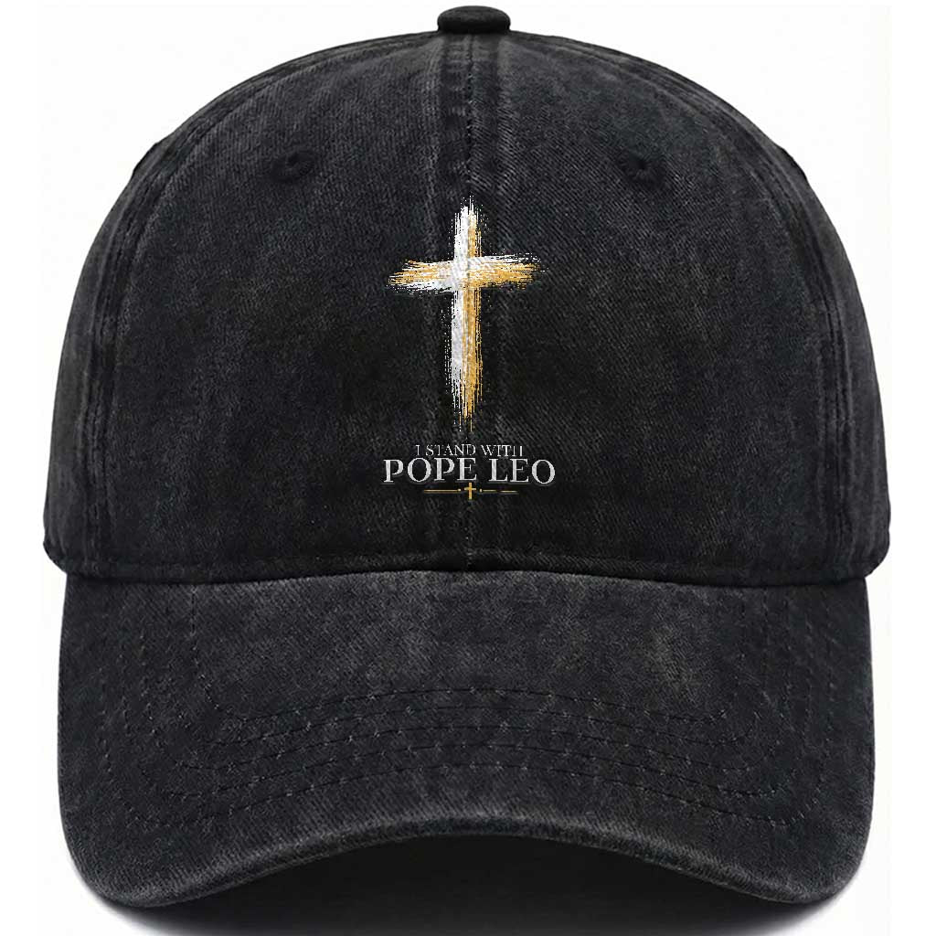 I Stand With Pope Leo Brushstroke Cross Washed Cotton Baseball Cap Religious Christian Witness TS02 Print Your Wear