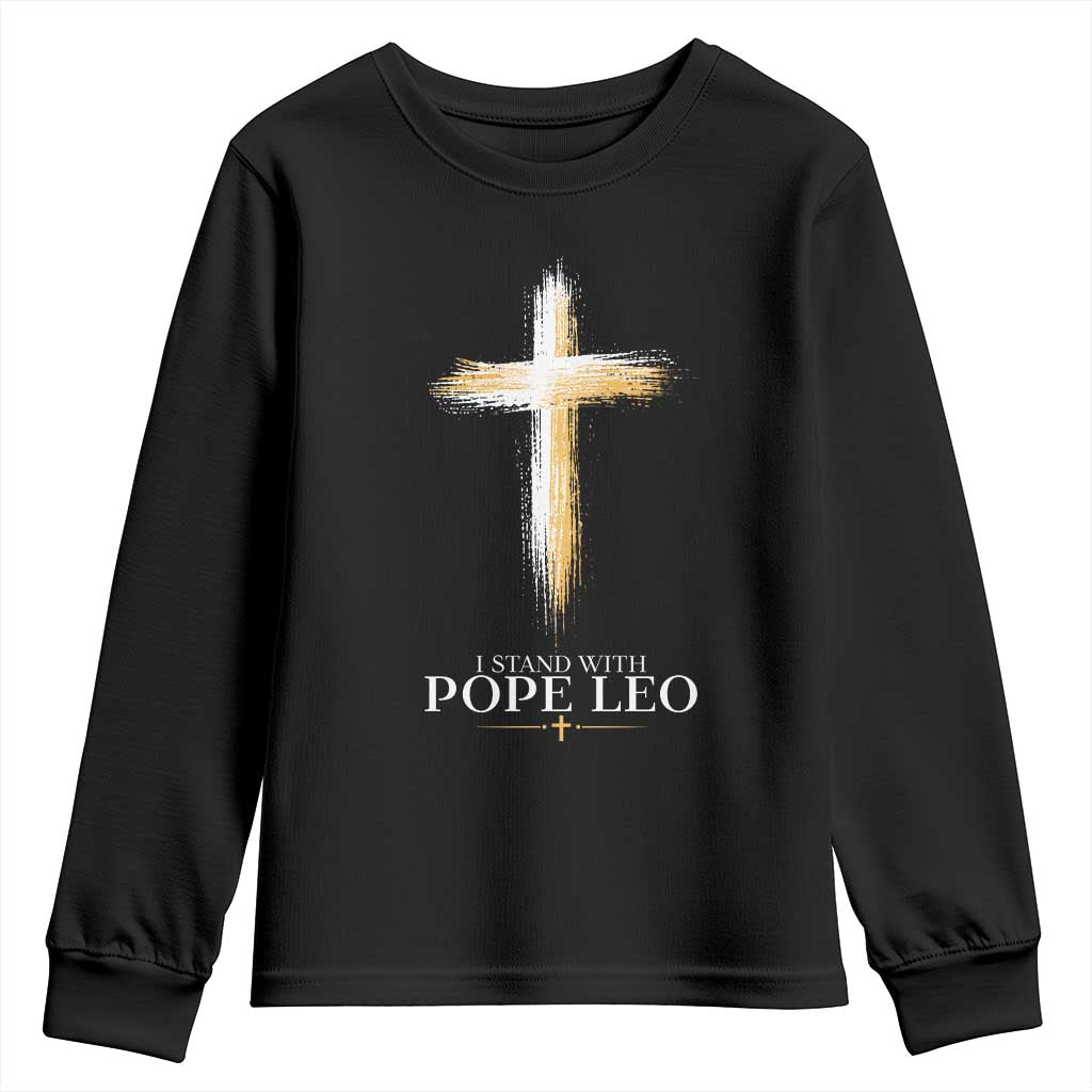 I Stand With Pope Leo Brushstroke Cross Youth Sweatshirt Religious Christian Witness TS02 Black Print Your Wear
