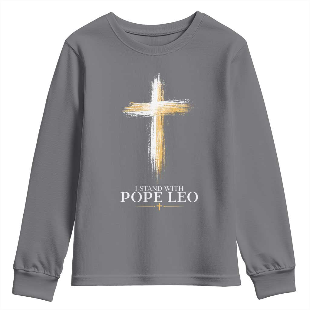 I Stand With Pope Leo Brushstroke Cross Youth Sweatshirt Religious Christian Witness TS02 Charcoal Print Your Wear