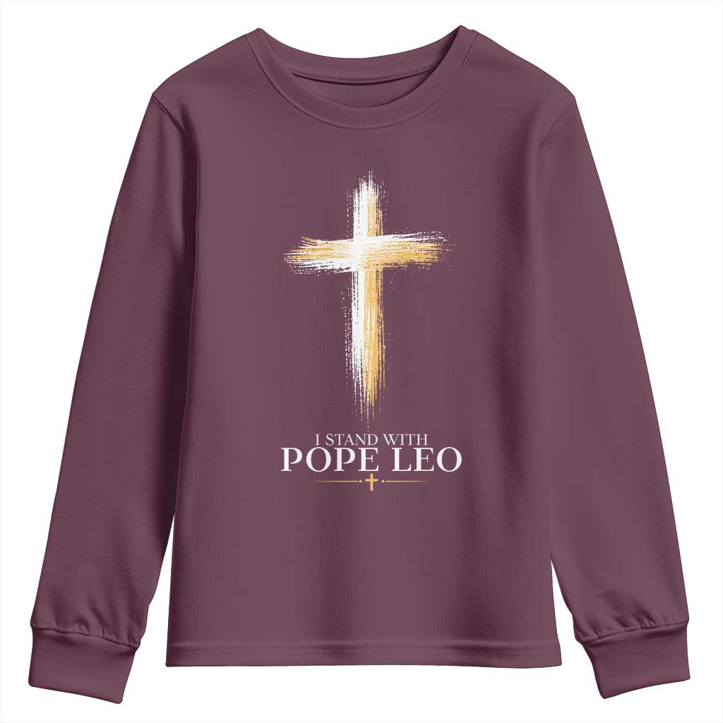 I Stand With Pope Leo Brushstroke Cross Youth Sweatshirt Religious Christian Witness TS02 Maroon Print Your Wear