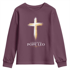 I Stand With Pope Leo Brushstroke Cross Youth Sweatshirt Religious Christian Witness TS02 Maroon Print Your Wear