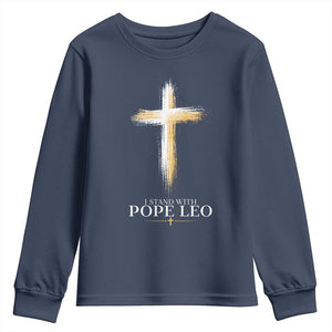 I Stand With Pope Leo Brushstroke Cross Youth Sweatshirt Religious Christian Witness TS02 Navy Print Your Wear