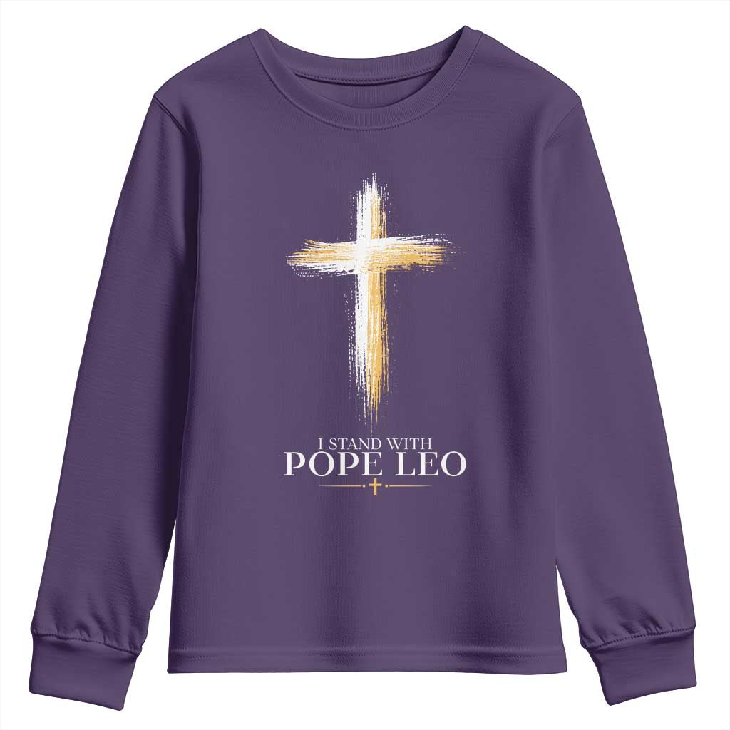 I Stand With Pope Leo Brushstroke Cross Youth Sweatshirt Religious Christian Witness TS02 Purple Print Your Wear
