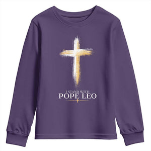 I Stand With Pope Leo Brushstroke Cross Youth Sweatshirt Religious Christian Witness TS02 Purple Print Your Wear