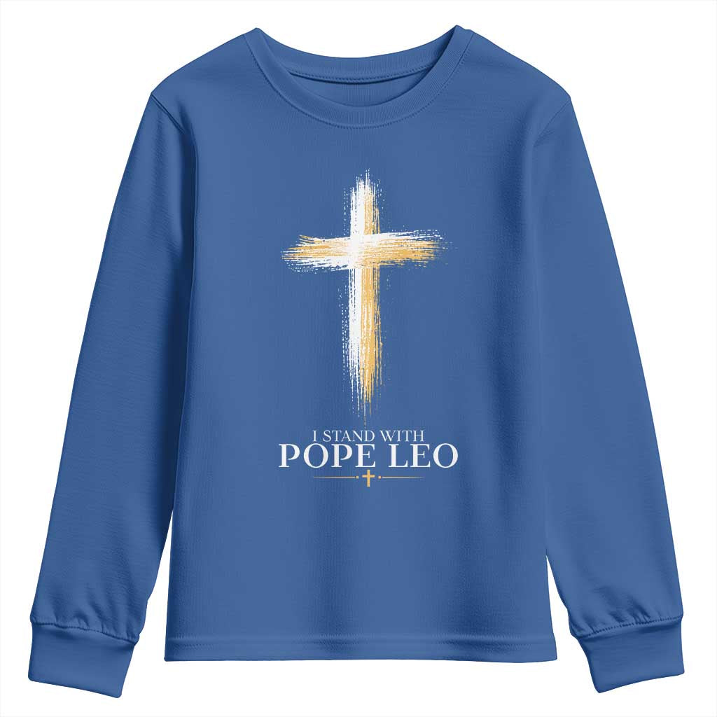 I Stand With Pope Leo Brushstroke Cross Youth Sweatshirt Religious Christian Witness TS02 Royal Blue Print Your Wear