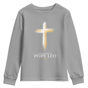 I Stand With Pope Leo Brushstroke Cross Youth Sweatshirt Religious Christian Witness TS02 Sport Gray Print Your Wear