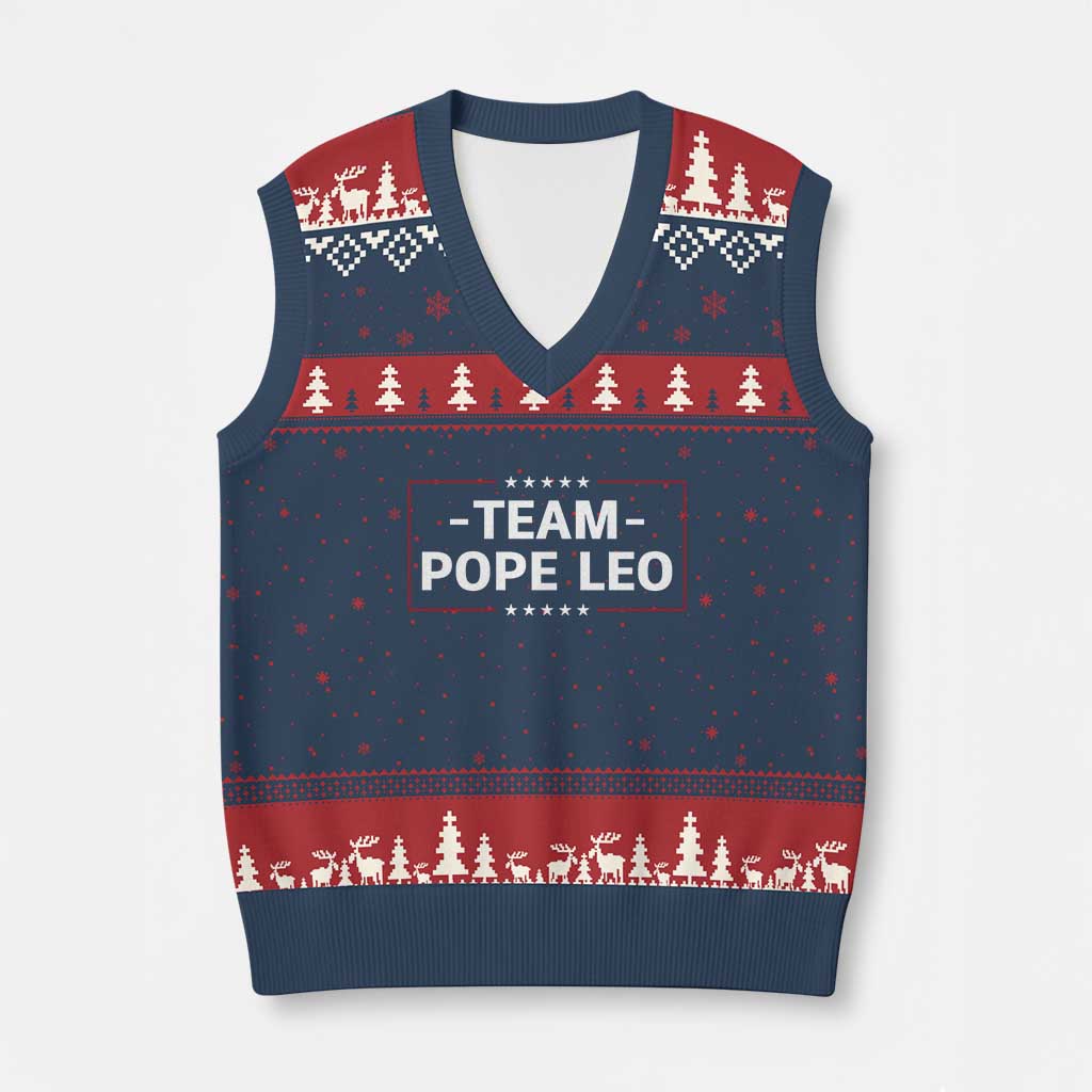 Team Pope Leo XIV V-Neck Knit Sweater Vest Catholic Pride Religious Faith Solidarity TS02 Navy Red Print Your Wear