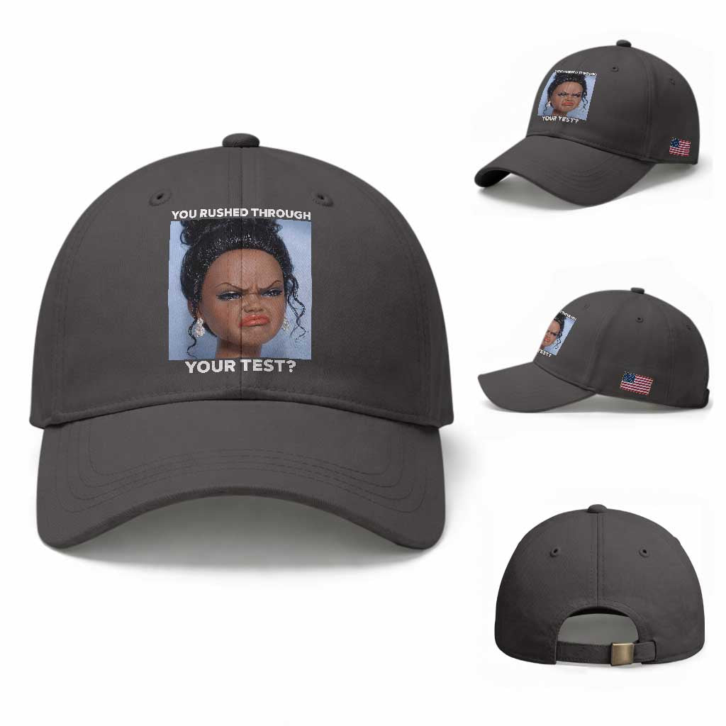 Funny You Rushed Through Your Test Doll Face Meme Baseball Cap Teacher Reaction Humor Testing Day TS02 Baseball Cap Universal Fit Dark Gray Print Your Wear