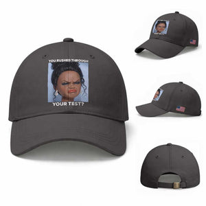 Funny You Rushed Through Your Test Doll Face Meme Baseball Cap Teacher Reaction Humor Testing Day TS02 Baseball Cap Universal Fit Dark Gray Print Your Wear