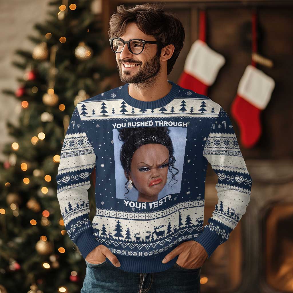 Funny You Rushed Through Your Test Doll Face Meme Ugly Christmas Sweater Teacher Reaction Humor Testing Day TS02 Navy Beige Print Your Wear