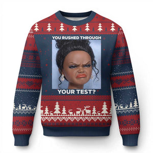 Funny You Rushed Through Your Test Doll Face Meme Ugly Christmas Sweater Teacher Reaction Humor Testing Day TS02 Navy Red Print Your Wear
