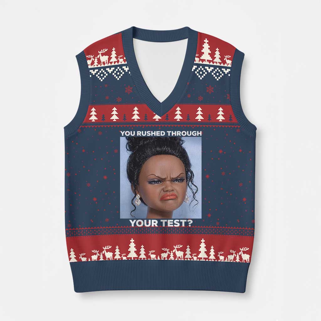 Funny You Rushed Through Your Test Doll Face Meme V-Neck Knit Sweater Vest Teacher Reaction Humor Testing Day TS02 Navy Red Print Your Wear