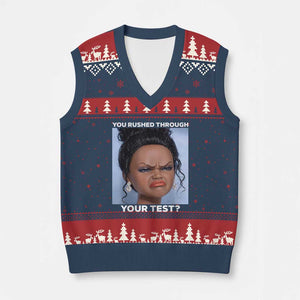 Funny You Rushed Through Your Test Doll Face Meme V-Neck Knit Sweater Vest Teacher Reaction Humor Testing Day TS02 Navy Red Print Your Wear