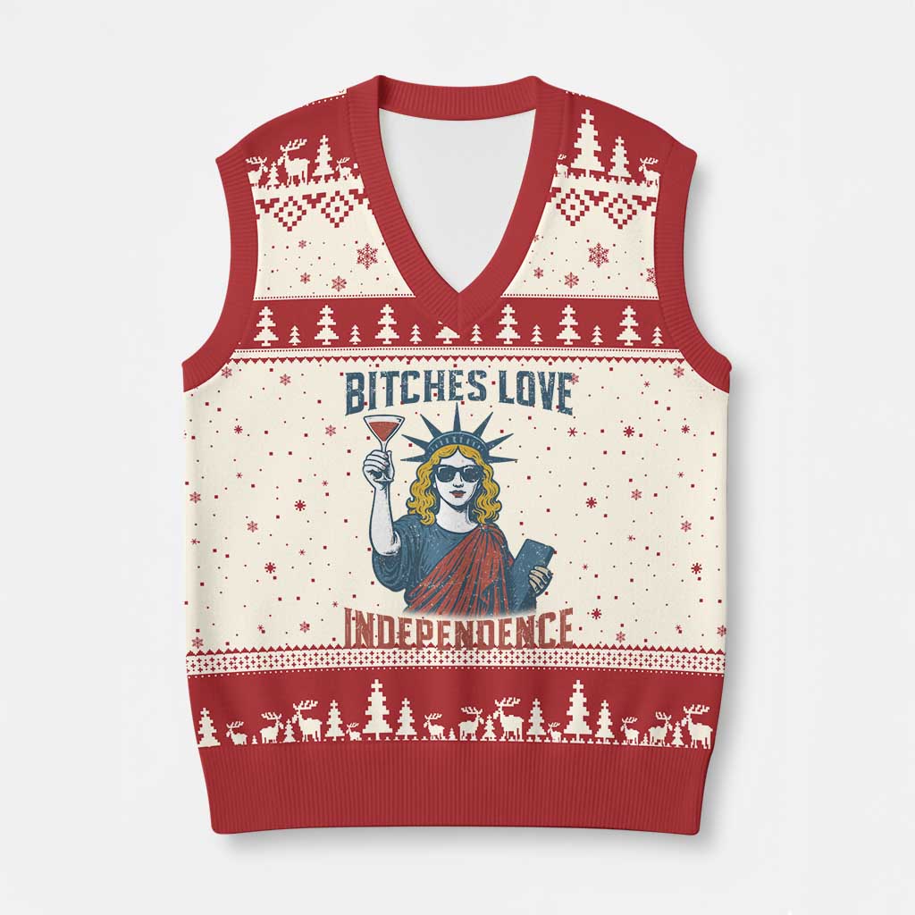 Funny 4th of July Statue of Liberty Cocktail V-Neck Knit Sweater Vest Retro Bitches Love Independence TS02 Beige Red Print Your Wear