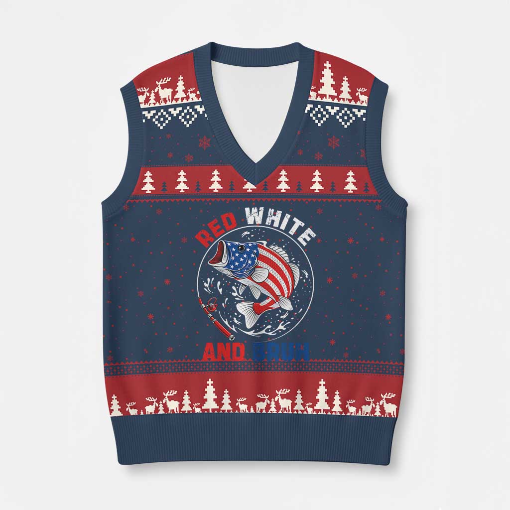 Red White And Bruh Fishing V-Neck Knit Sweater Vest Funny Patriotic Bass 4th Of July American Flag TS02 Navy Red Print Your Wear