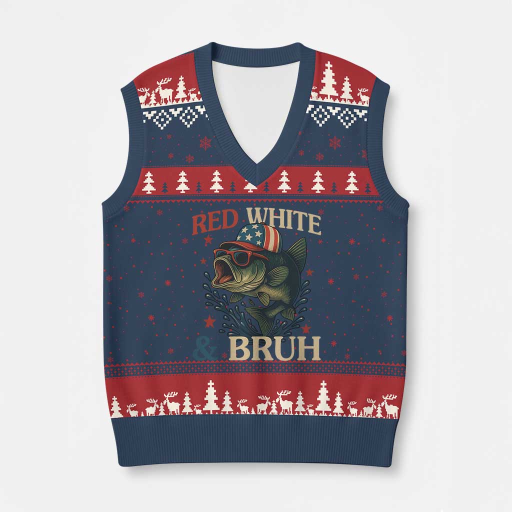 Retro Red White And Bruh Fishing V-Neck Knit Sweater Vest Funny Patriotic Bass 4th Of July TS02 Navy Red Print Your Wear