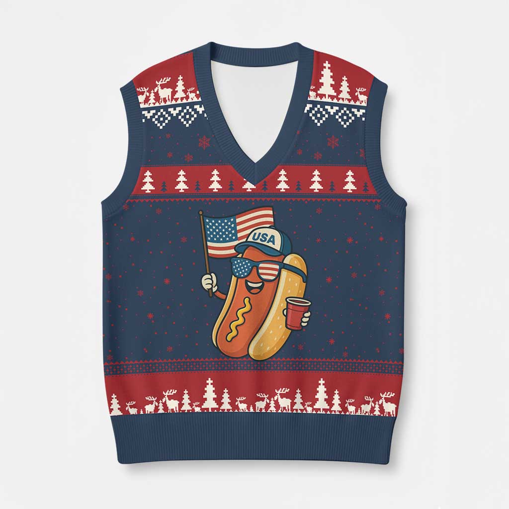 Cool Patriotic Hot Dog V-Neck Knit Sweater Vest Funny 4th of July Cookout 4th of July American Flag TS02 Navy Red Print Your Wear