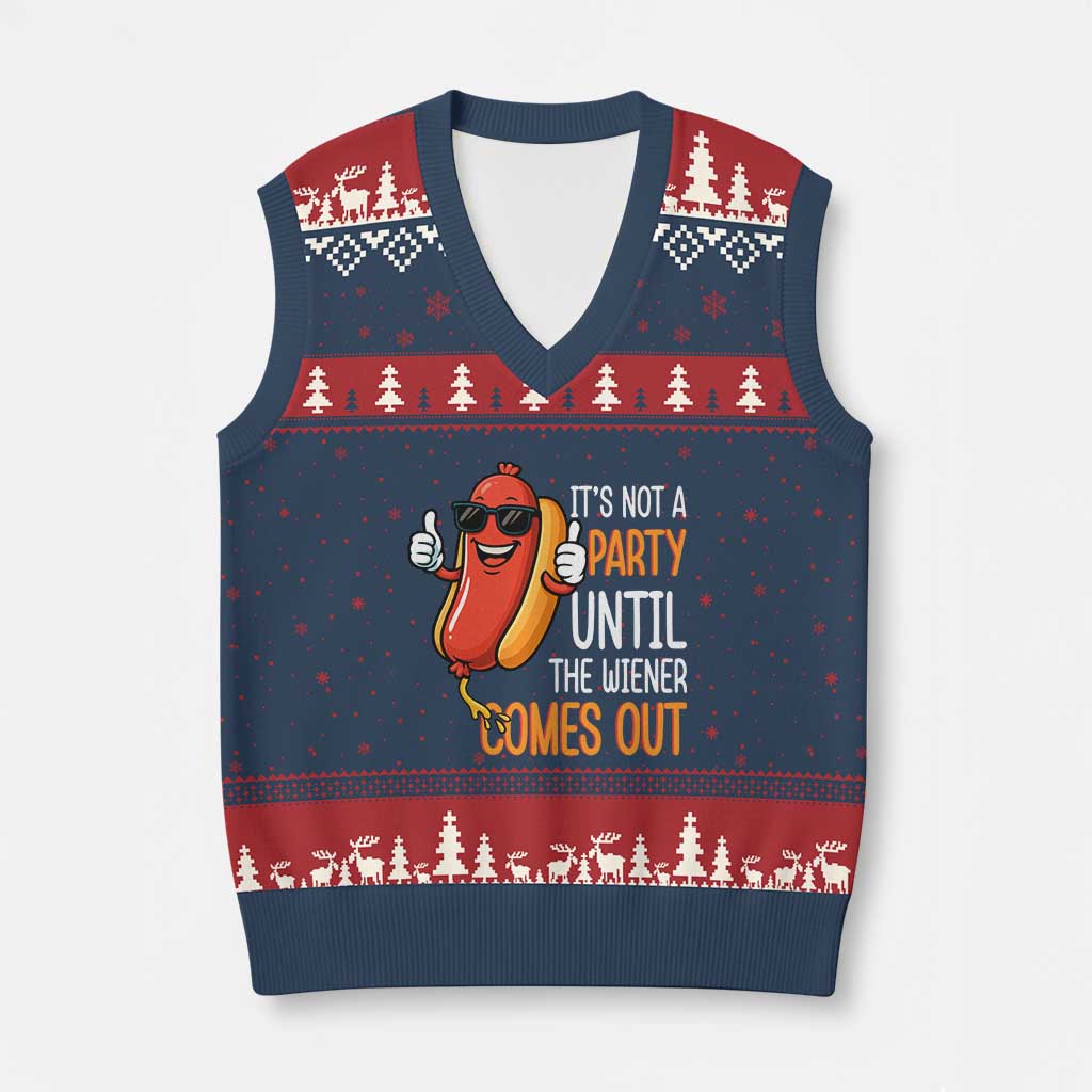 It's Not A Party Until The Wiener Comes Out V-Neck Knit Sweater Vest Funny Hot Dog Joke BBQ 4th of July Cookout TS02 Navy Red Print Your Wear