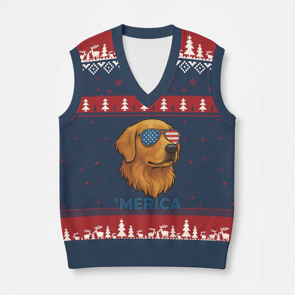 Patriotic Dog 'Merica V-Neck Knit Sweater Vest Golden Retriever Sunglasses Funny 4th Of July TS02 Navy Red Print Your Wear