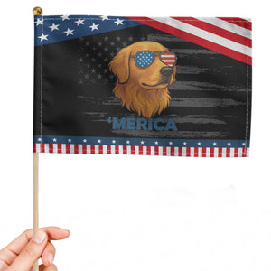 Patriotic Dog 'Merica Patriotic Handheld Flag Golden Retriever Sunglasses Funny 4th Of July TS02 Distressed 8.2" × 5.5" Black Blue Print Your Wear