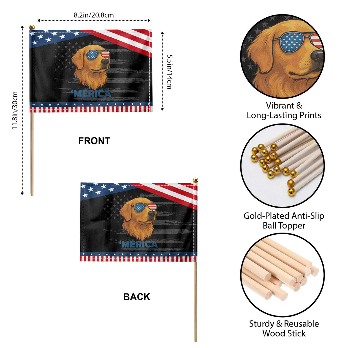 Patriotic Dog 'Merica Patriotic Handheld Flag Golden Retriever Sunglasses Funny 4th Of July TS02 Print Your Wear