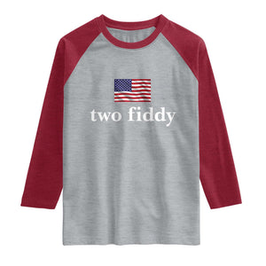 Two Fiddy America 250th Anniversary Minimalist Raglan Shirt Funny US American Flag Slang 1776 to 2026 Semiquincentennial