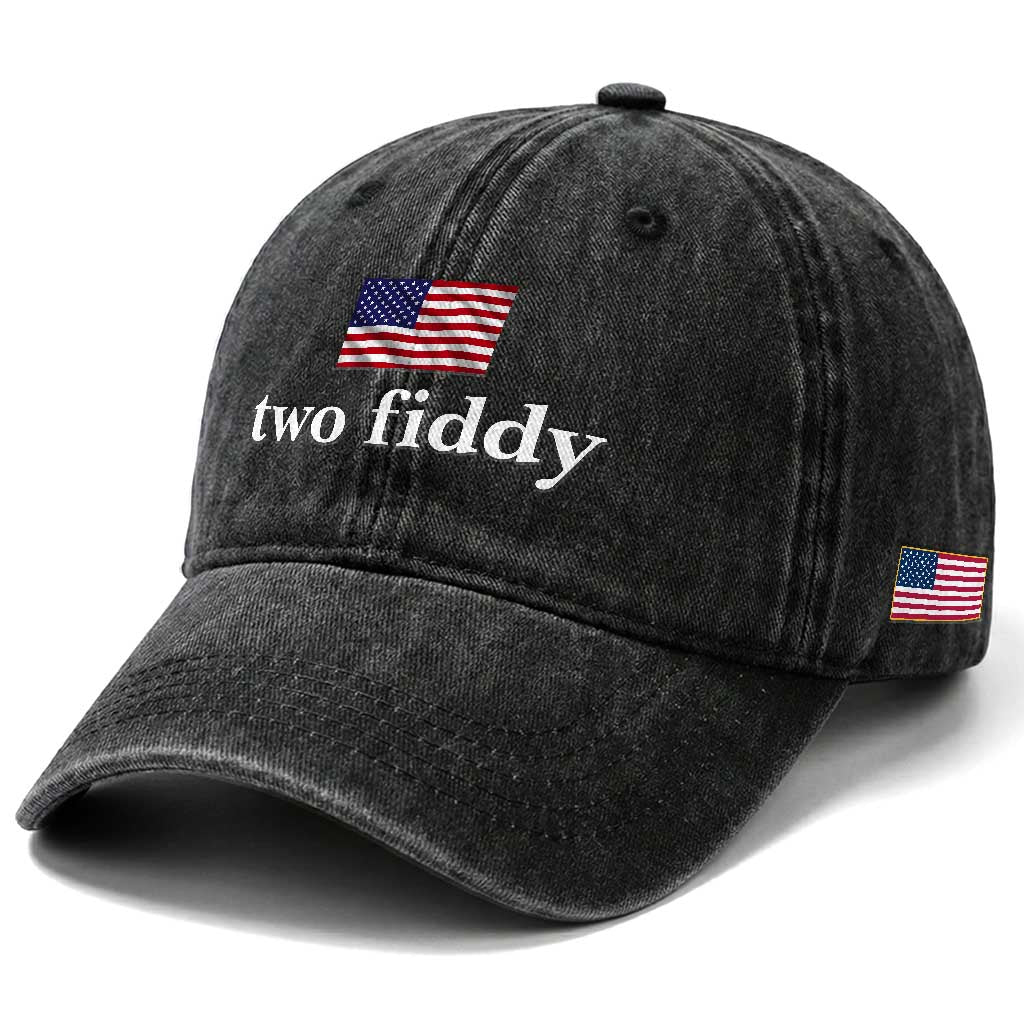 Two Fiddy America 250th Anniversary Minimalist Washed Cotton Baseball Cap Funny US American Flag Slang 1776 to 2026 Semiquincentennial