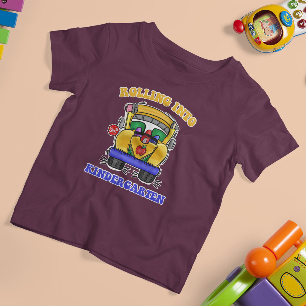 Kindergarten School Bus T Shirt For Kid Rolling Into Kinder 1st Day Of School TS02 Maroon Printyourwear