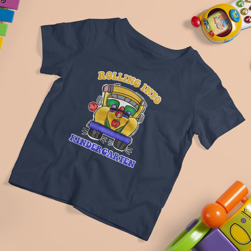 Kindergarten School Bus T Shirt For Kid Rolling Into Kinder 1st Day Of School TS02 Navy Printyourwear