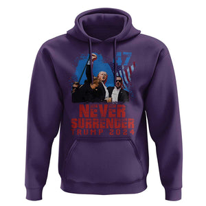 Trump Raised Fist Hoodie Never Surrender Support President 45 47 TS02 Purple Print Your Wear