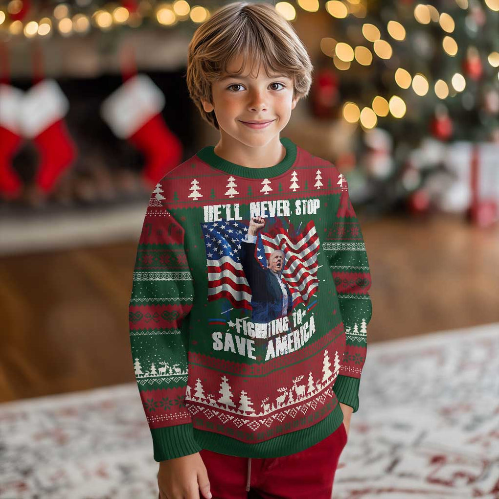 Trump Raised Fist Ugly Christmas Sweater He'll Never Stop Fighting To Save America TS02 Christmas Print Your Wear