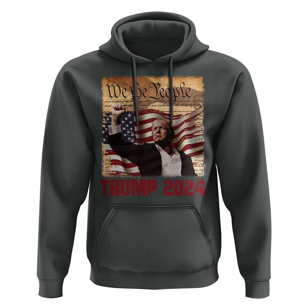 Trump 2024 Hoodie Raised Fist Fight For America American Flag Retro Vintage TS02 Dark Heather Print Your Wear