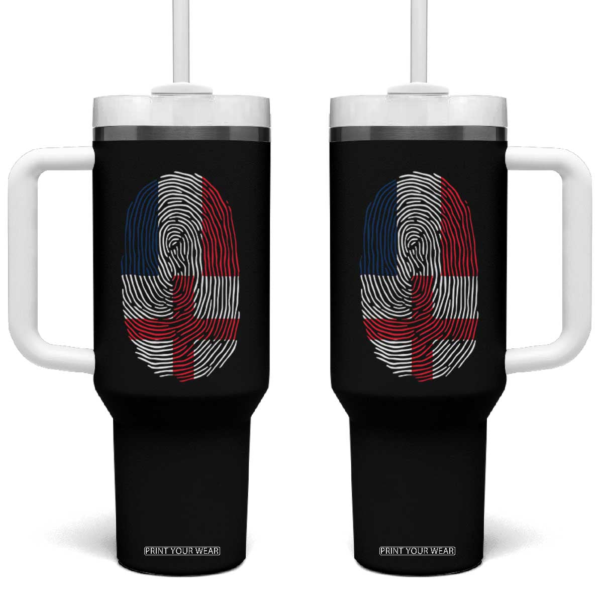 Proud France England Flag Fingerprint DNA Graphic Tumbler With Handle French Anglo English Heritage Roots Dual Patriotism TS02 One Size: 40 oz Black Print Your Wear