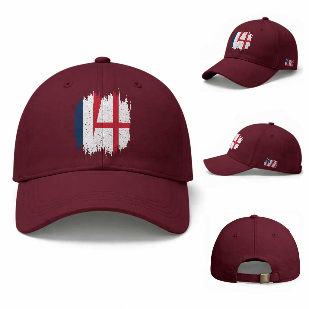 Vintage Grunge France England Flag Brush Stroke Graphic Baseball Cap French Anglo English Heritage Pride Match Day TS02 Baseball Cap Universal Fit Maroon Print Your Wear